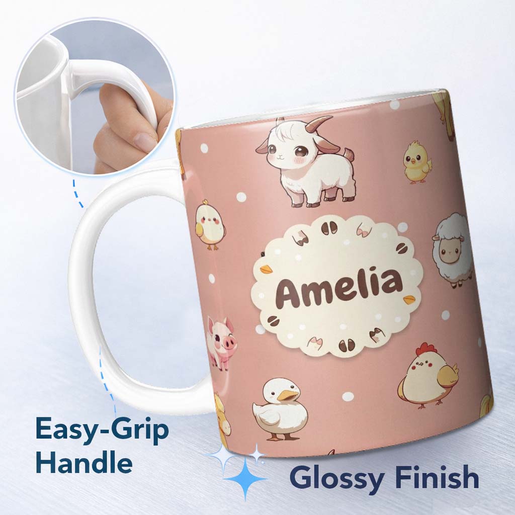Personalized Custom Name Cute Farm Animals Cow Goat Pig Chicken Peach Seamless Pattern Name 11oz Ceramic Coffee Tea Mug White Large Handle