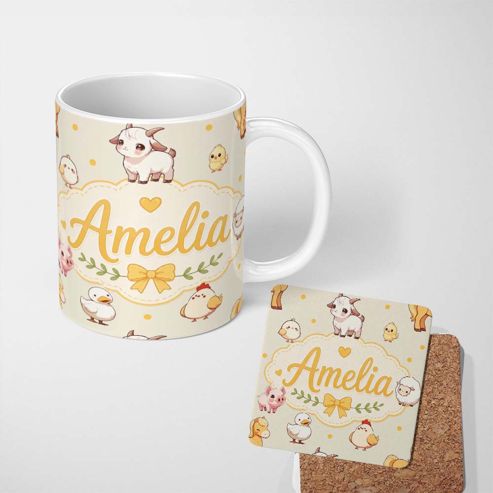 Personalized Custom Name Cute Farm Animals Cow Goat Pig Chicken Cream Seamless Pattern Name 11oz Ceramic Coffee Tea Mug White Large Handle