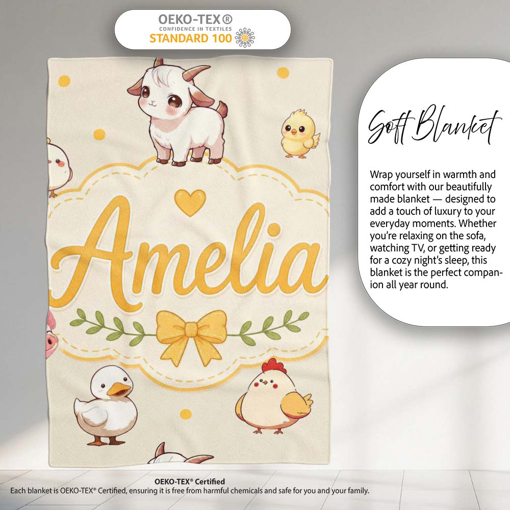 Cute Farm Animals Cow Goat Pig Chicken Cream Seamless Pattern Name Personalised Custom Name Super Soft Fleece Blanket Bed Sofa Throw