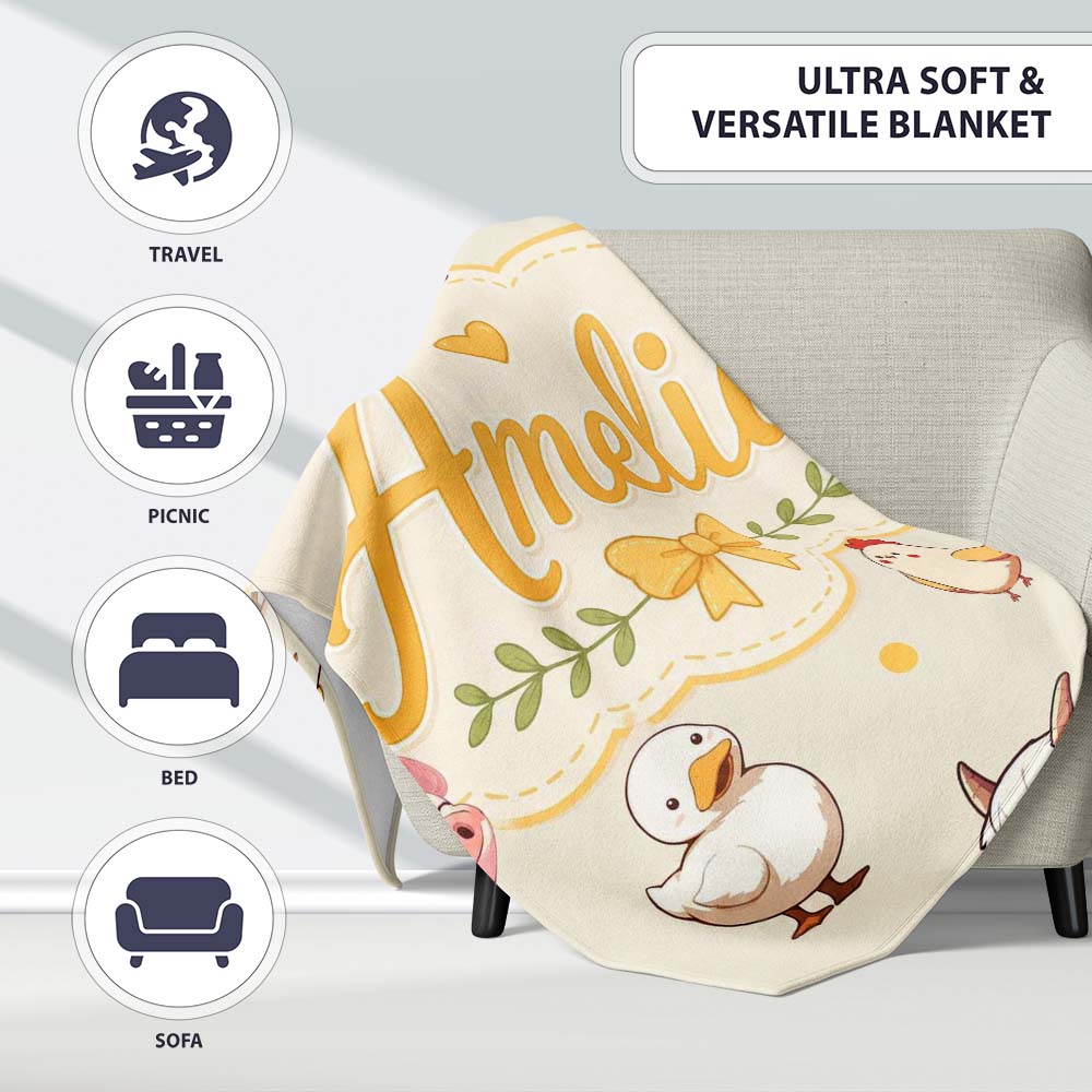 Cute Farm Animals Cow Goat Pig Chicken Cream Seamless Pattern Name Personalised Custom Name Super Soft Fleece Blanket Bed Sofa Throw