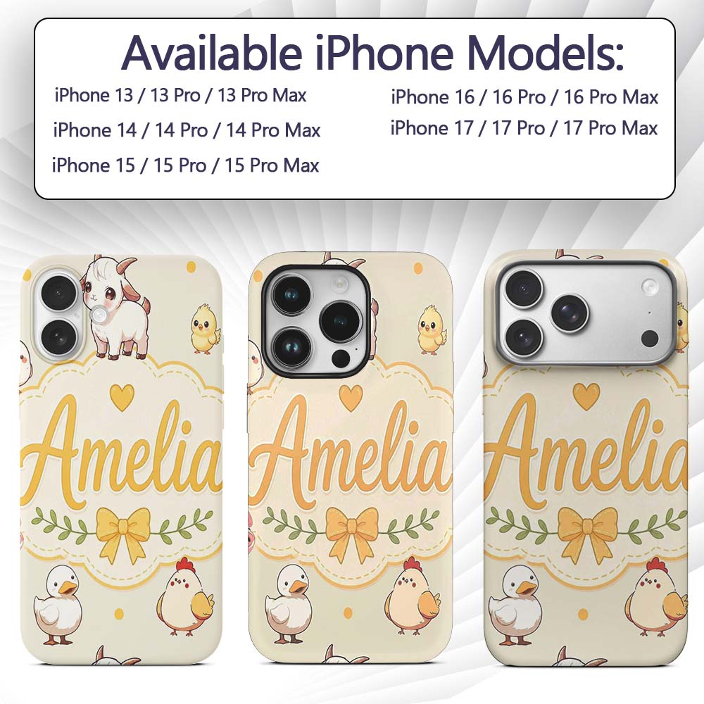 Cute Farm Animals Cow Goat Pig Chicken Cream Custom Name Protective Phone Case Mobile Cover Durable Everyday Smartphone Shock Resistant