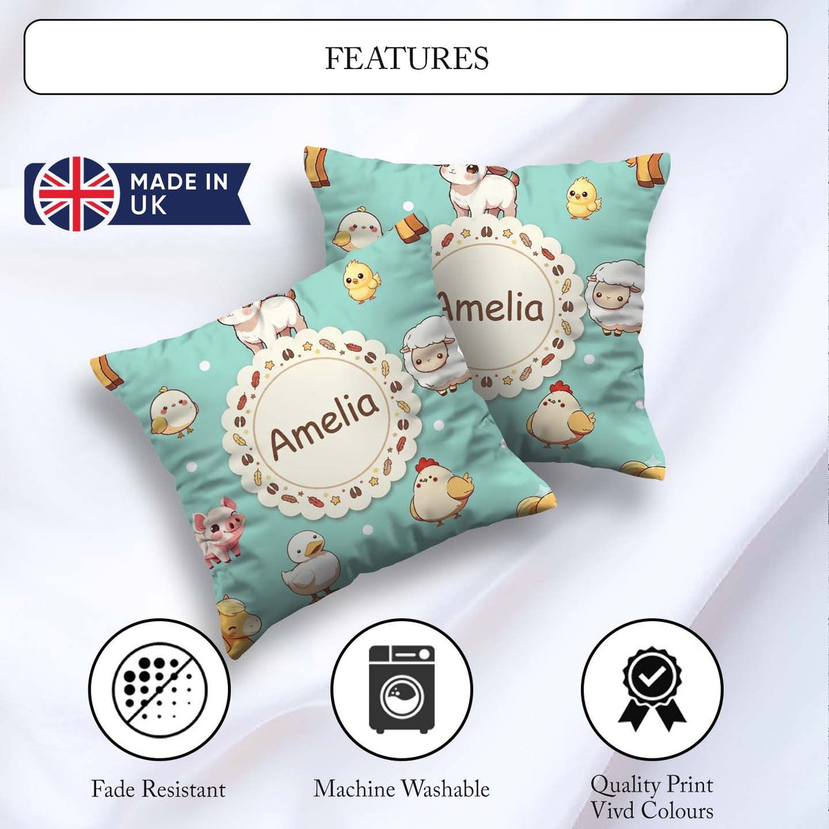 Custom Name Farm Animals Cow Goat Pig Chicken Mint Seamless Name Square Filled Cushion Throw Pillow Sofa Bed Home Decor Zip Washable UK Made