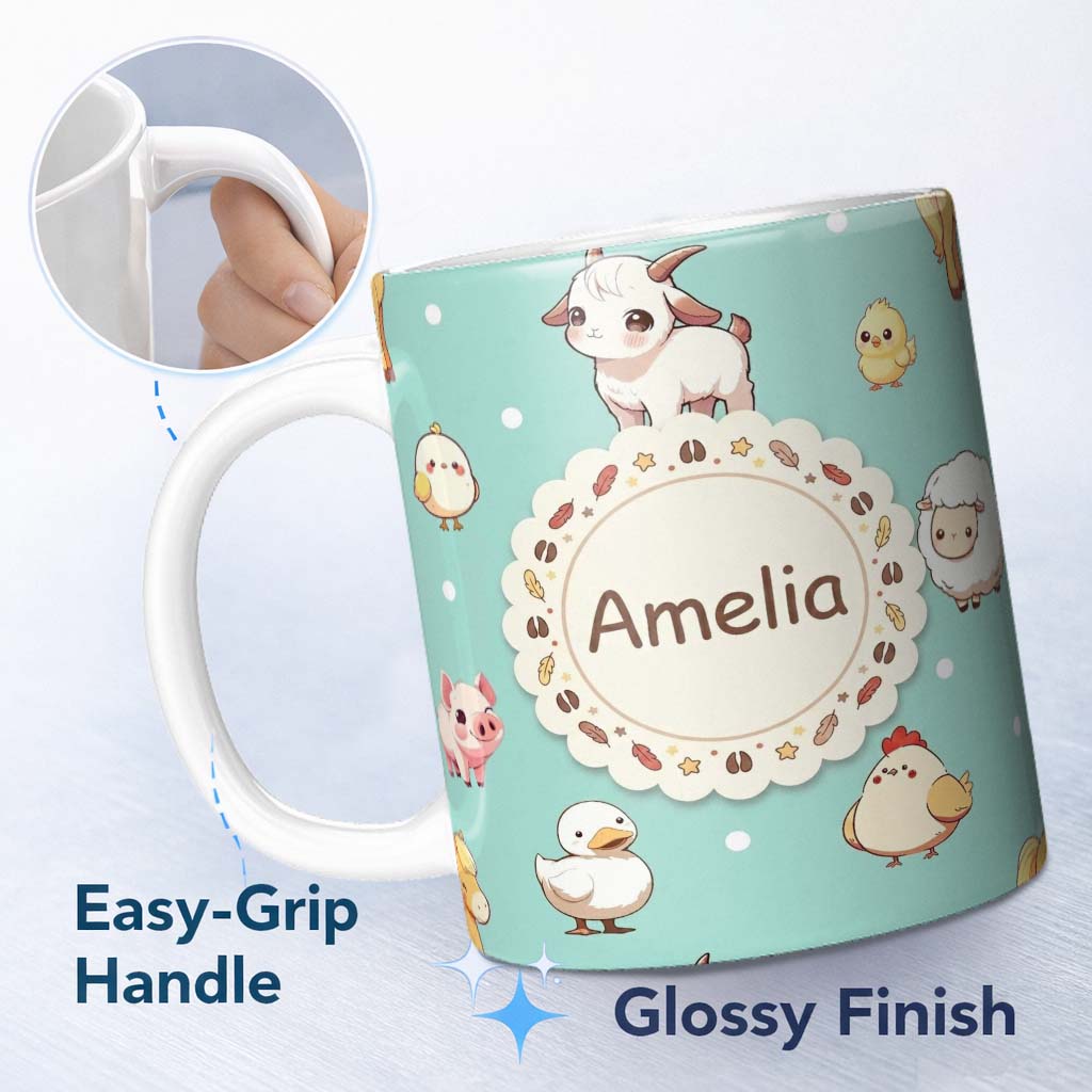 Personalized Custom Name Cute Farm Animals Cow Goat Pig Chicken Mint Seamless Pattern Name 11oz Ceramic Coffee Tea Mug White Large Handle