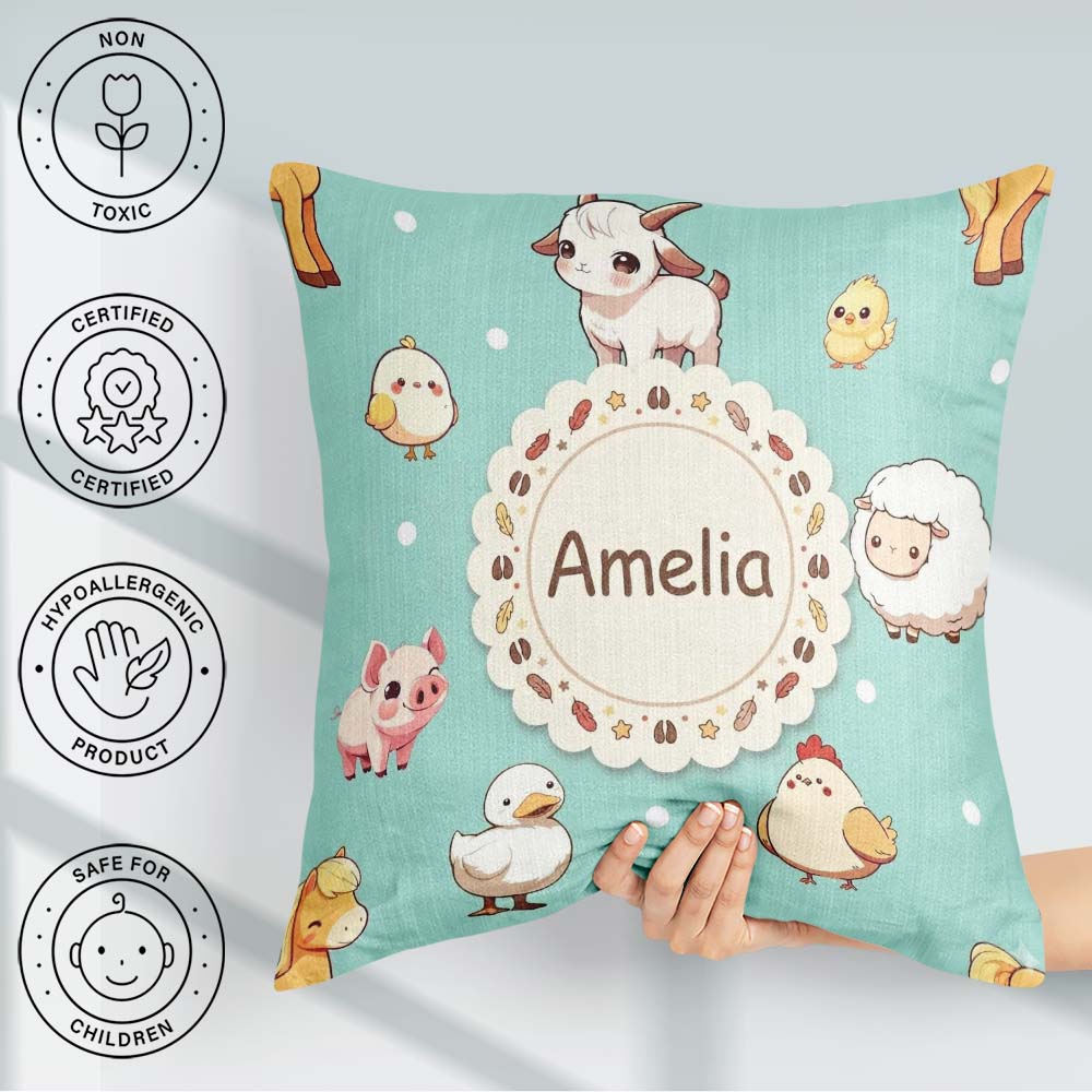 Custom Name Farm Animals Cow Goat Pig Chicken Mint Seamless Name Square Filled Cushion Throw Pillow Sofa Bed Home Decor Zip Washable UK Made