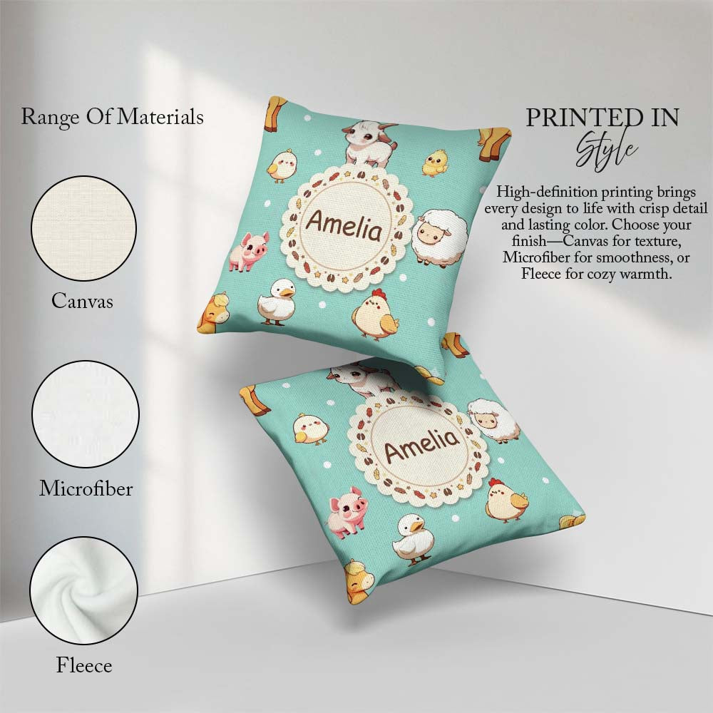 Custom Name Farm Animals Cow Goat Pig Chicken Mint Seamless Name Square Filled Cushion Throw Pillow Sofa Bed Home Decor Zip Washable UK Made