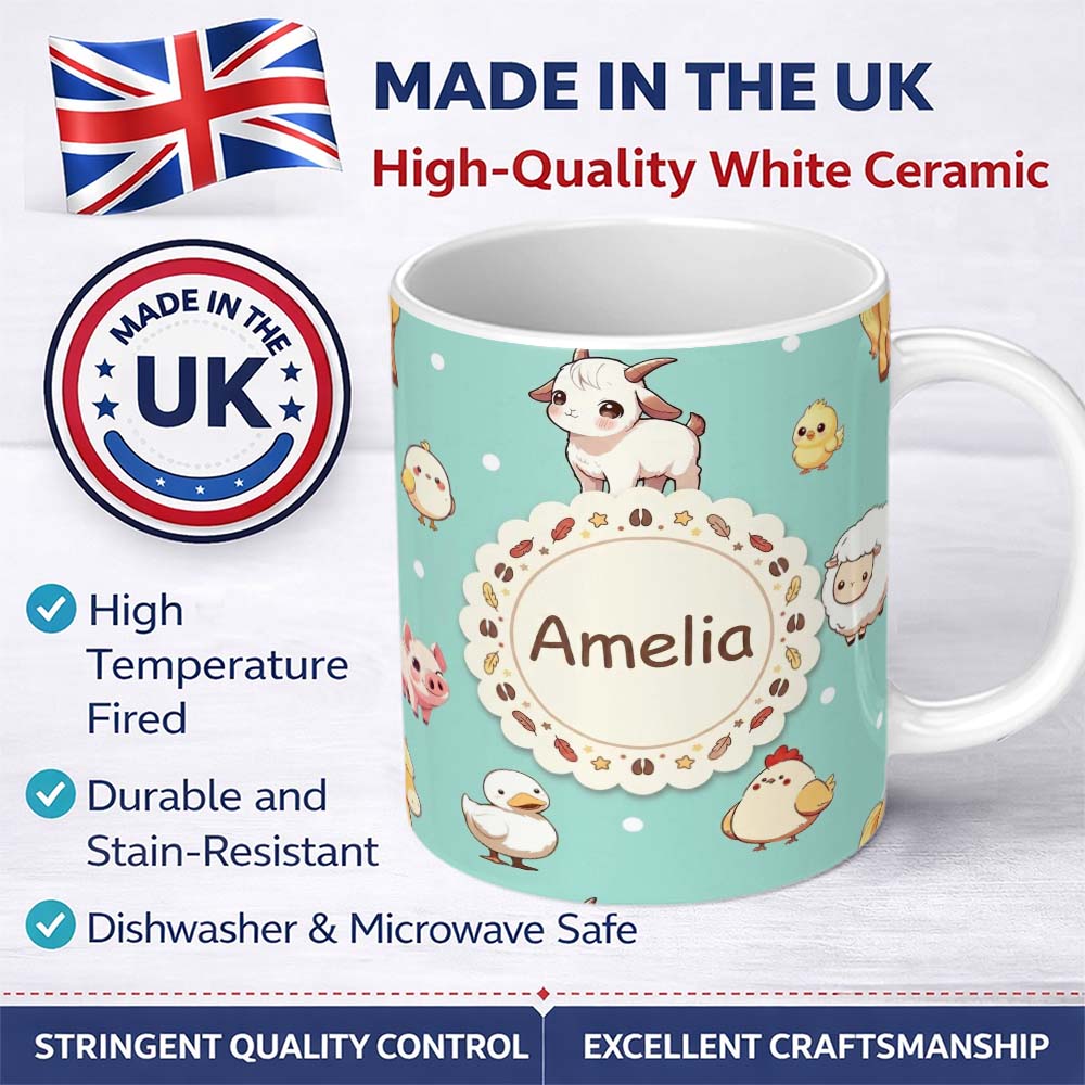Personalized Custom Name Cute Farm Animals Cow Goat Pig Chicken Mint Seamless Pattern Name 11oz Ceramic Coffee Tea Mug White Large Handle