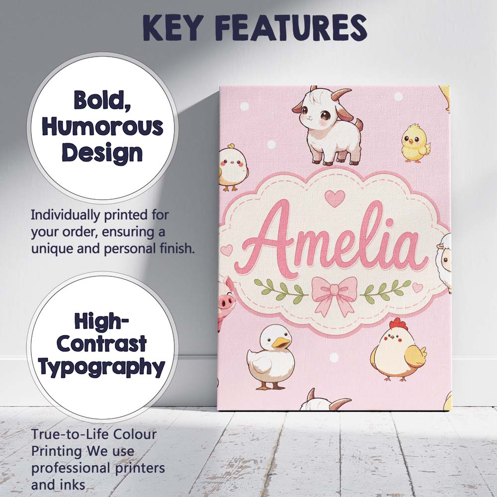 Personalised Name Cute Farm Animals Cow Custom Modern Room Accent Elegant Feature Canvas Wall Art Print Decor Picture Ready to Hang