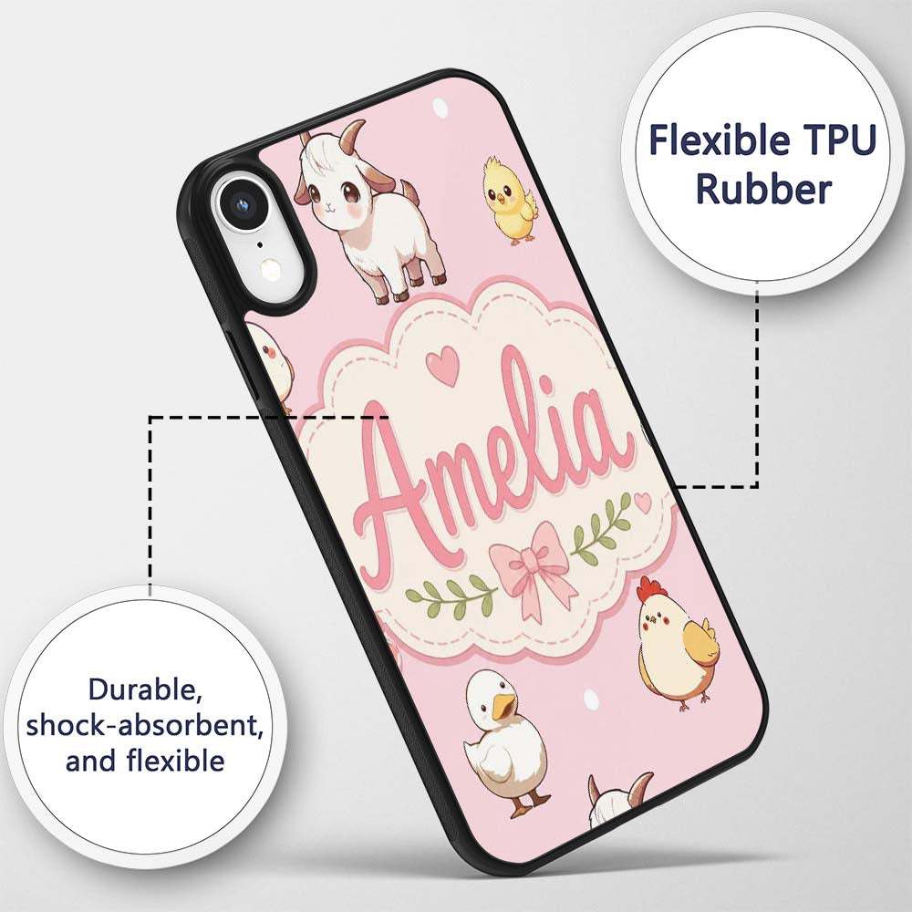 Cute Farm Animals Cow Goat Pig Chicken Soft Pink Custom Name Protective Phone Case Mobile Cover Durable Everyday Smartphone Shock Resistant