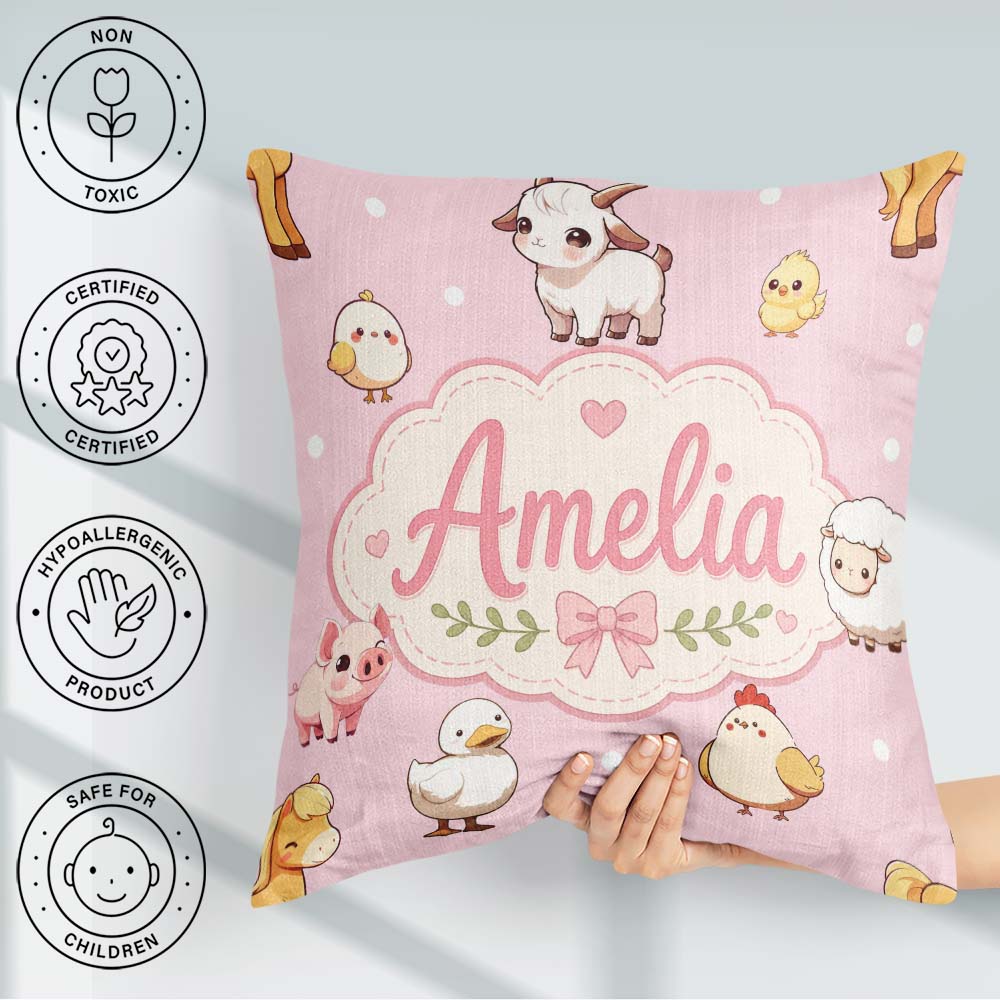 Custom Name Farm Animals Cow Goat Pig Chicken Soft Pink Seamless Square Filled Cushion Throw Pillow Sofa Bed Home Decor Zip Washable UK Made