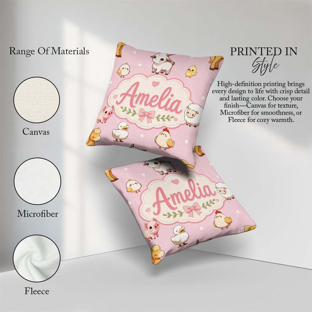 Custom Name Farm Animals Cow Goat Pig Chicken Soft Pink Seamless Square Filled Cushion Throw Pillow Sofa Bed Home Decor Zip Washable UK Made