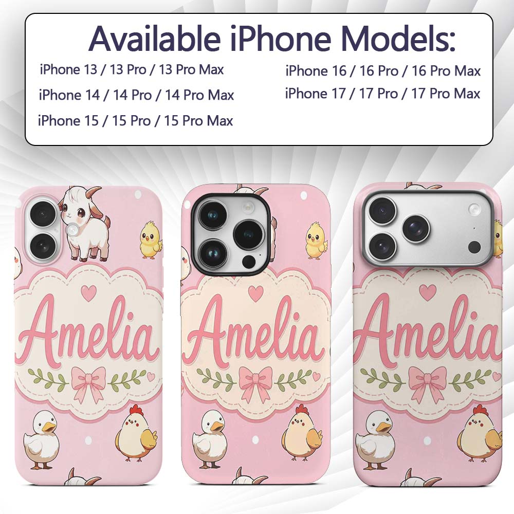 Cute Farm Animals Cow Goat Pig Chicken Soft Pink Custom Name Protective Phone Case Mobile Cover Durable Everyday Smartphone Shock Resistant