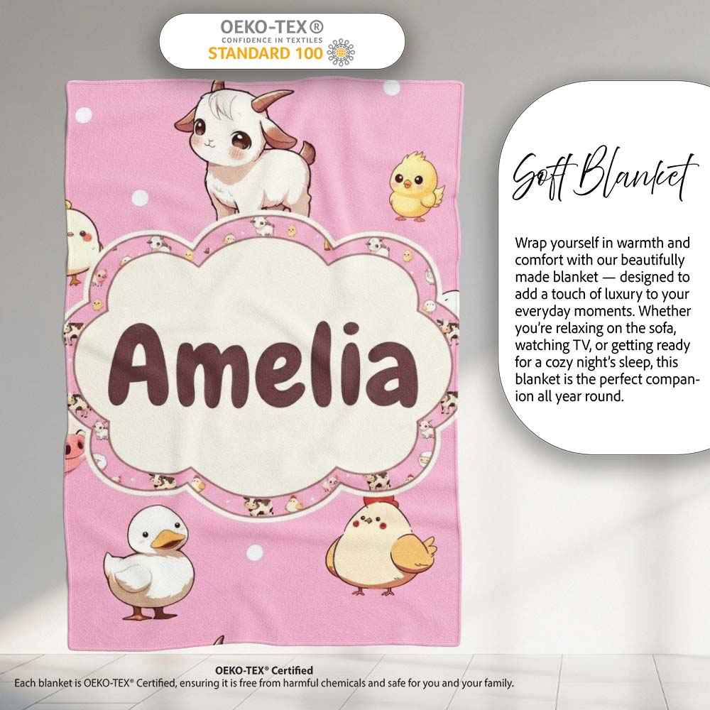 Cute Farm Animals Cow Goat Pig Chicken Rose Pink Seamless Pattern Personalised Custom Name Super Soft Fleece Blanket Bed Sofa Throw