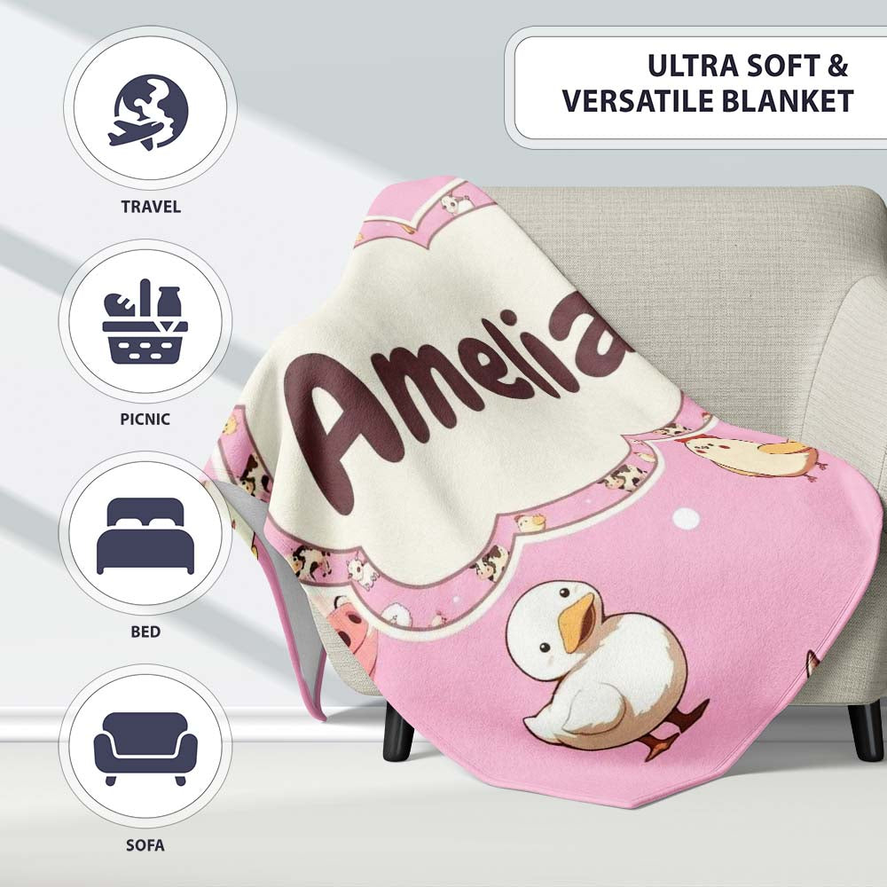 Cute Farm Animals Cow Goat Pig Chicken Rose Pink Seamless Pattern Personalised Custom Name Super Soft Fleece Blanket Bed Sofa Throw