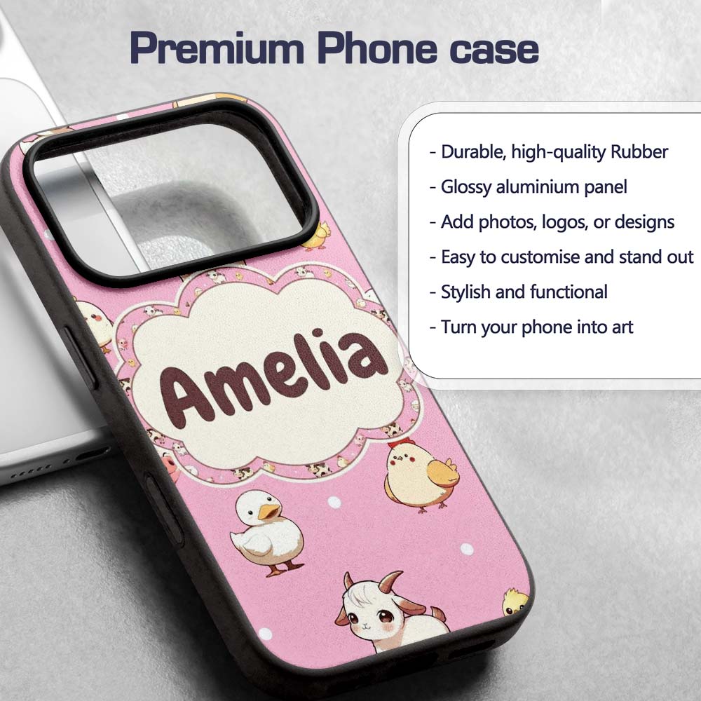 Cute Farm Animals Cow Goat Pig Chicken Rose Pink Custom Name Protective Phone Case Mobile Cover Durable Everyday Smartphone Shock Resistant