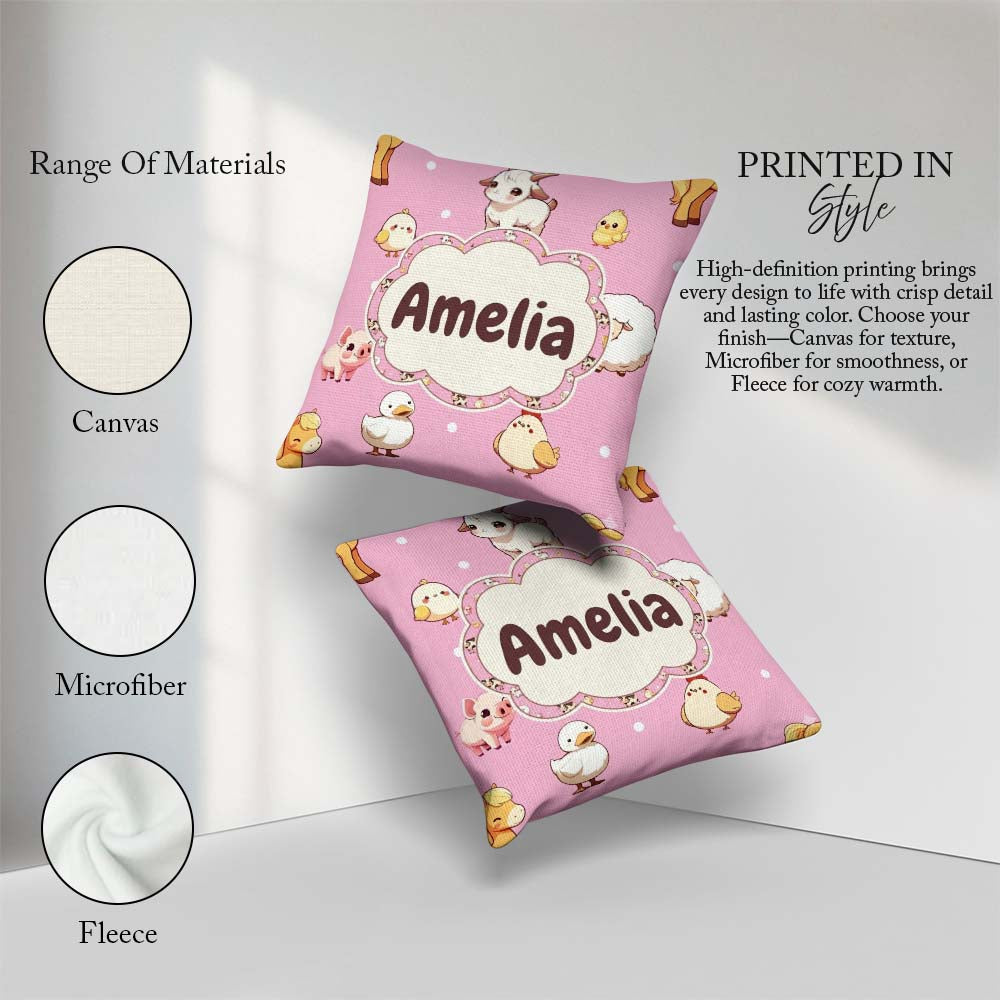 Custom Name Farm Animals Cow Goat Pig Chicken Rose Pink Seamless Square Filled Cushion Throw Pillow Sofa Bed Home Decor Zip Washable UK Made