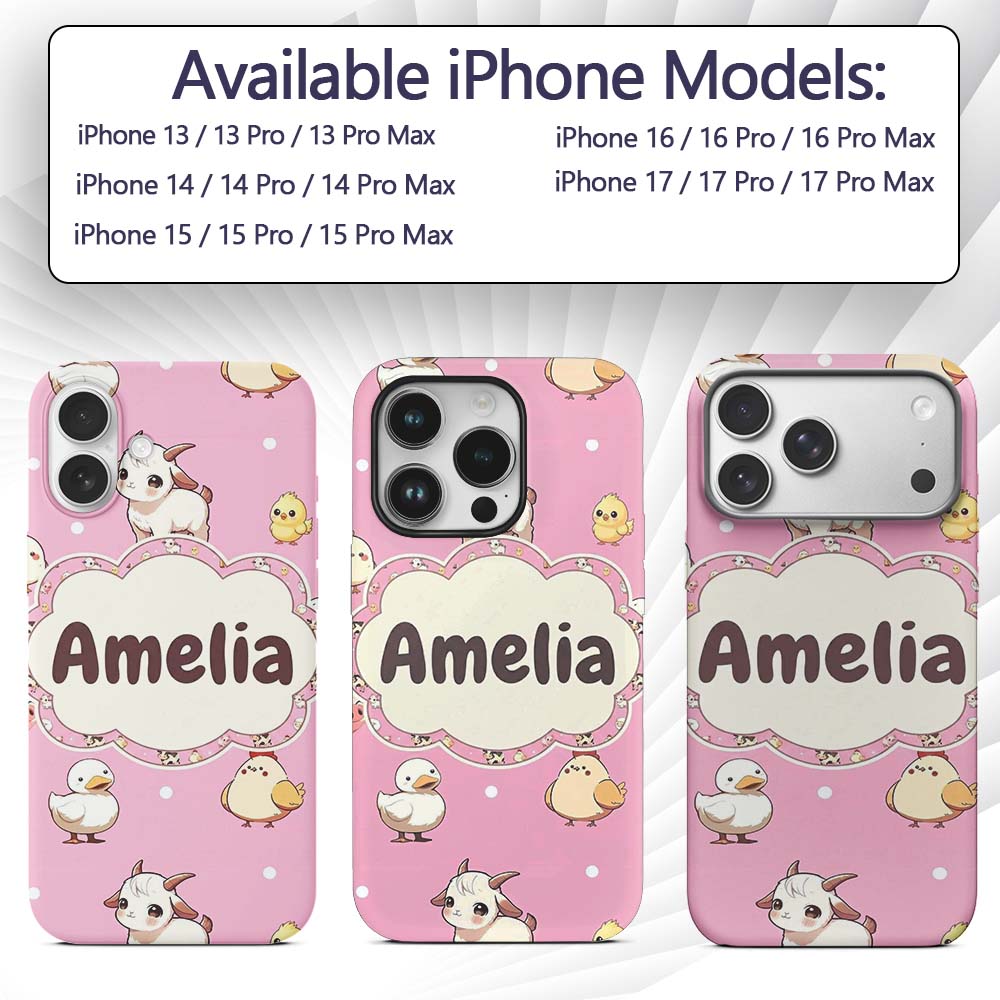 Cute Farm Animals Cow Goat Pig Chicken Rose Pink Custom Name Protective Phone Case Mobile Cover Durable Everyday Smartphone Shock Resistant