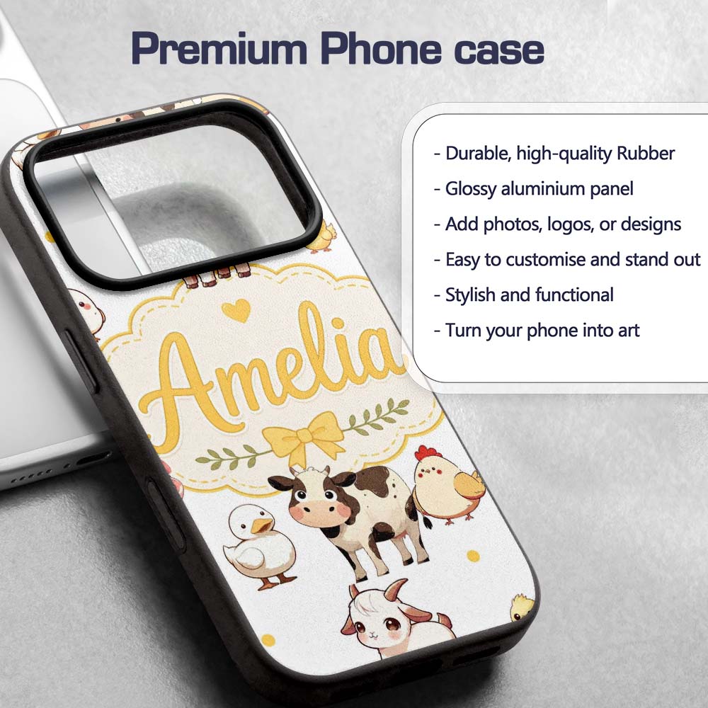 Cute Farm Animals Cow Goat Pig Chicken Grey Dots Custom Name Protective Phone Case Mobile Cover Durable Everyday Smartphone Shock Resistant