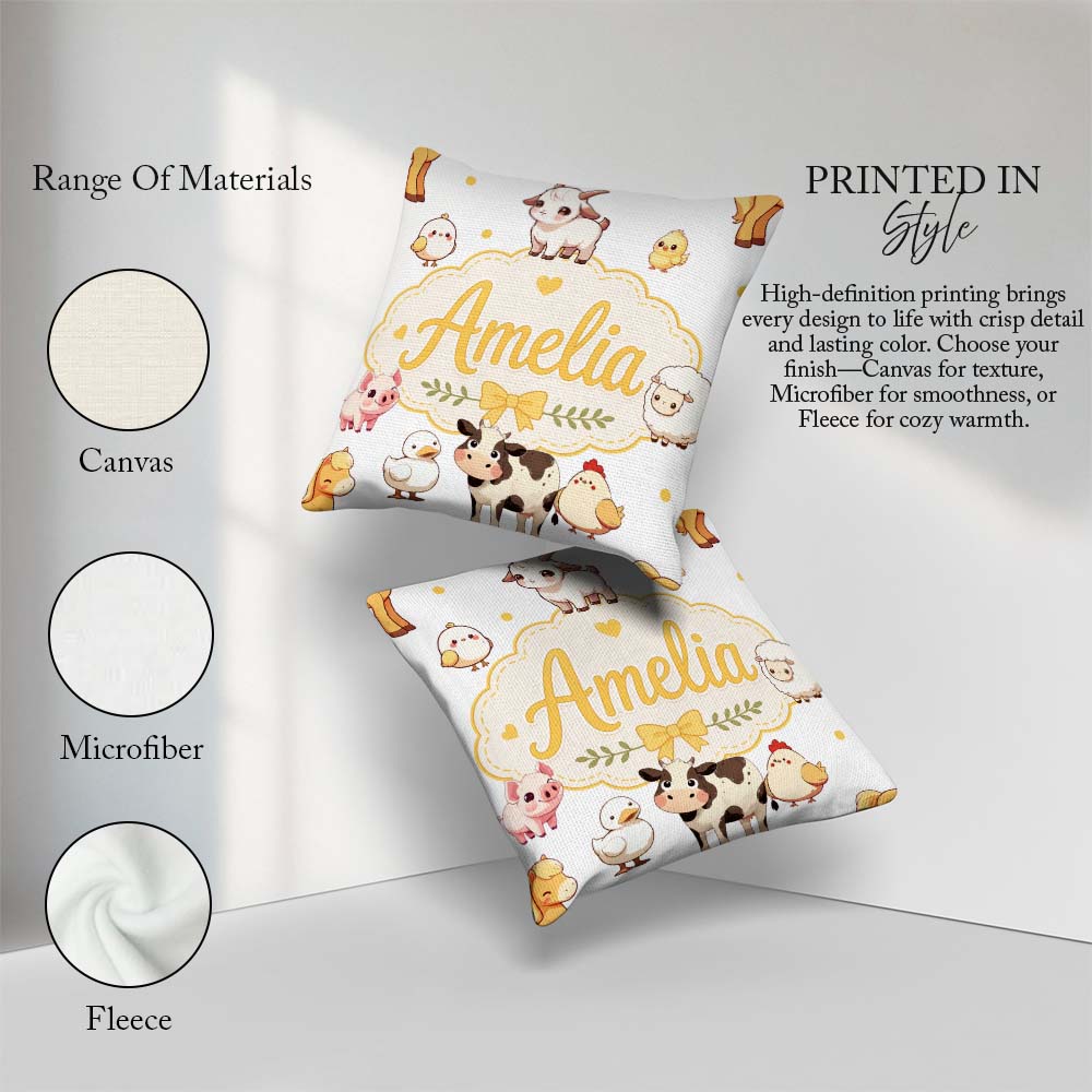 Custom Name Farm Animals Cow Goat Pig Chicken Grey Dots Seamless Square Filled Cushion Throw Pillow Sofa Bed Home Decor Zip Washable UK Made