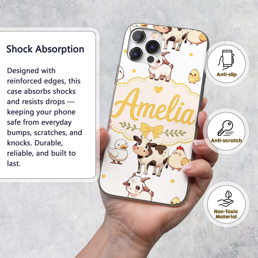 Cute Farm Animals Cow Goat Pig Chicken Grey Dots Custom Name Protective Phone Case Mobile Cover Durable Everyday Smartphone Shock Resistant
