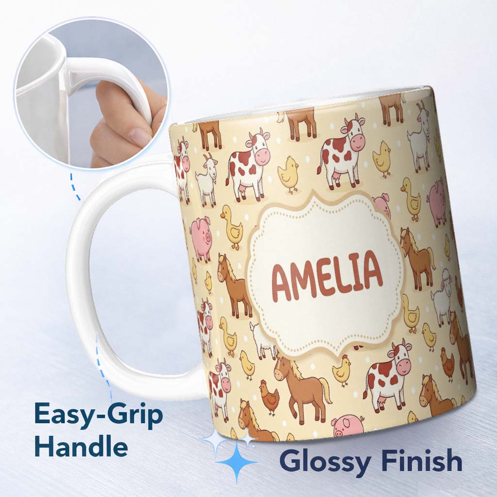 Personalized Custom Name Cute Farm Animals Cow Goat Pig Chicken Yellow Dots Seamless Pattern 11oz Ceramic Coffee Tea Mug White Large Handle