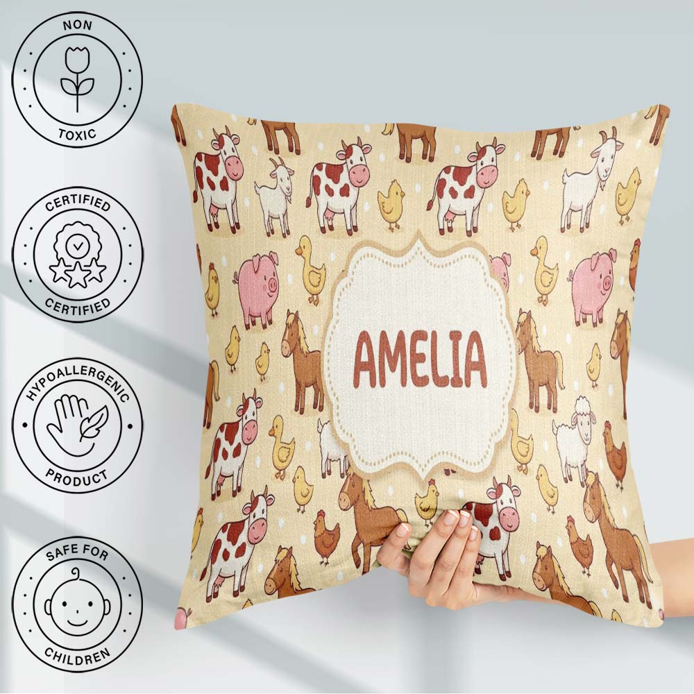 Custom Name Cute Farm Animals Cow Goat Pig Chicken Dots Seamless Square Filled Cushion Throw Pillow Sofa Bed Home Decor Zip Washable UK Made