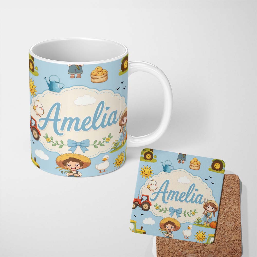 Personalized Custom Name Cute Farm Tractor Farmer Duck Sun Cloud Seamless Pattern Name 11oz Ceramic Coffee Tea Mug White Large Handle