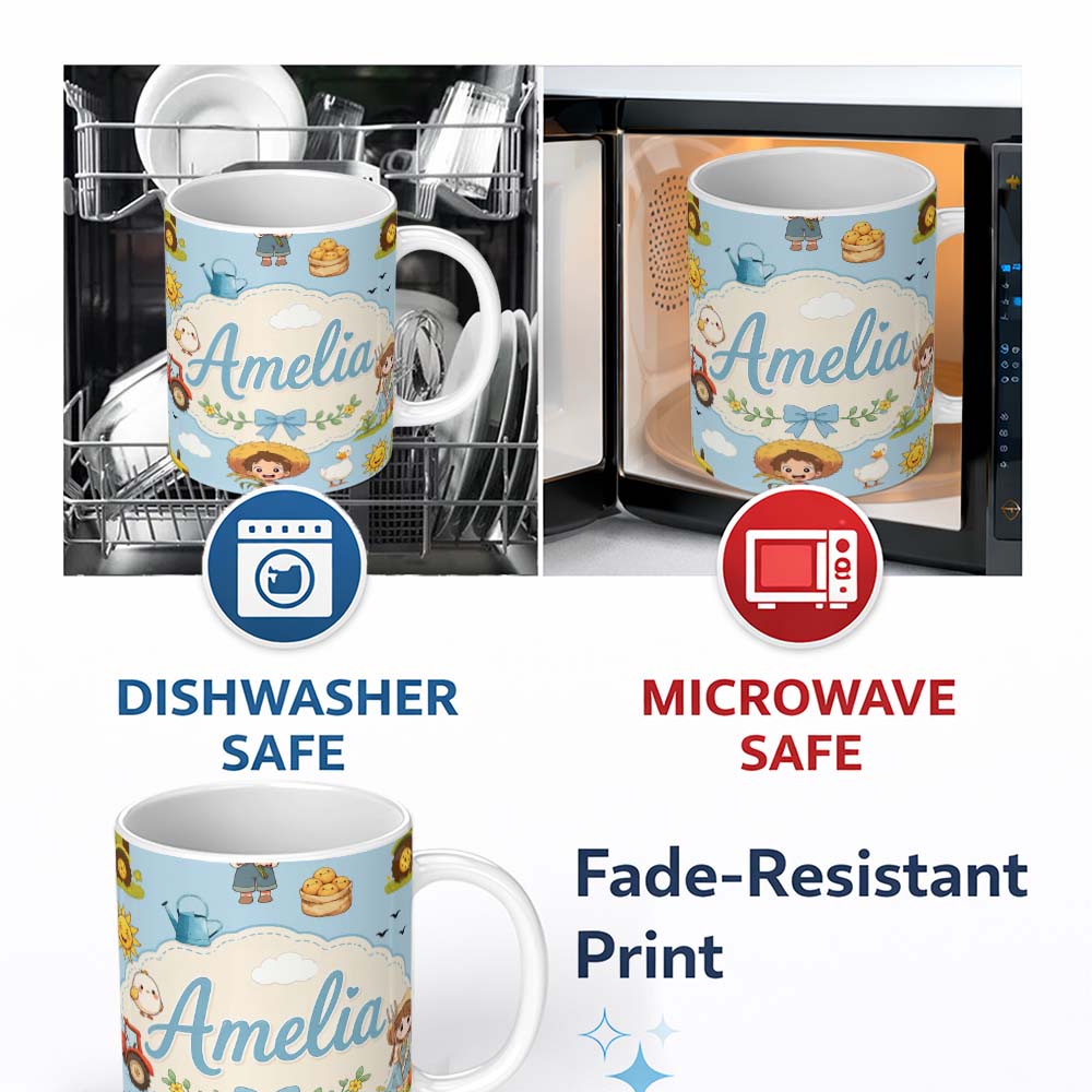 Personalized Custom Name Cute Farm Tractor Farmer Duck Sun Cloud Seamless Pattern Name 11oz Ceramic Coffee Tea Mug White Large Handle