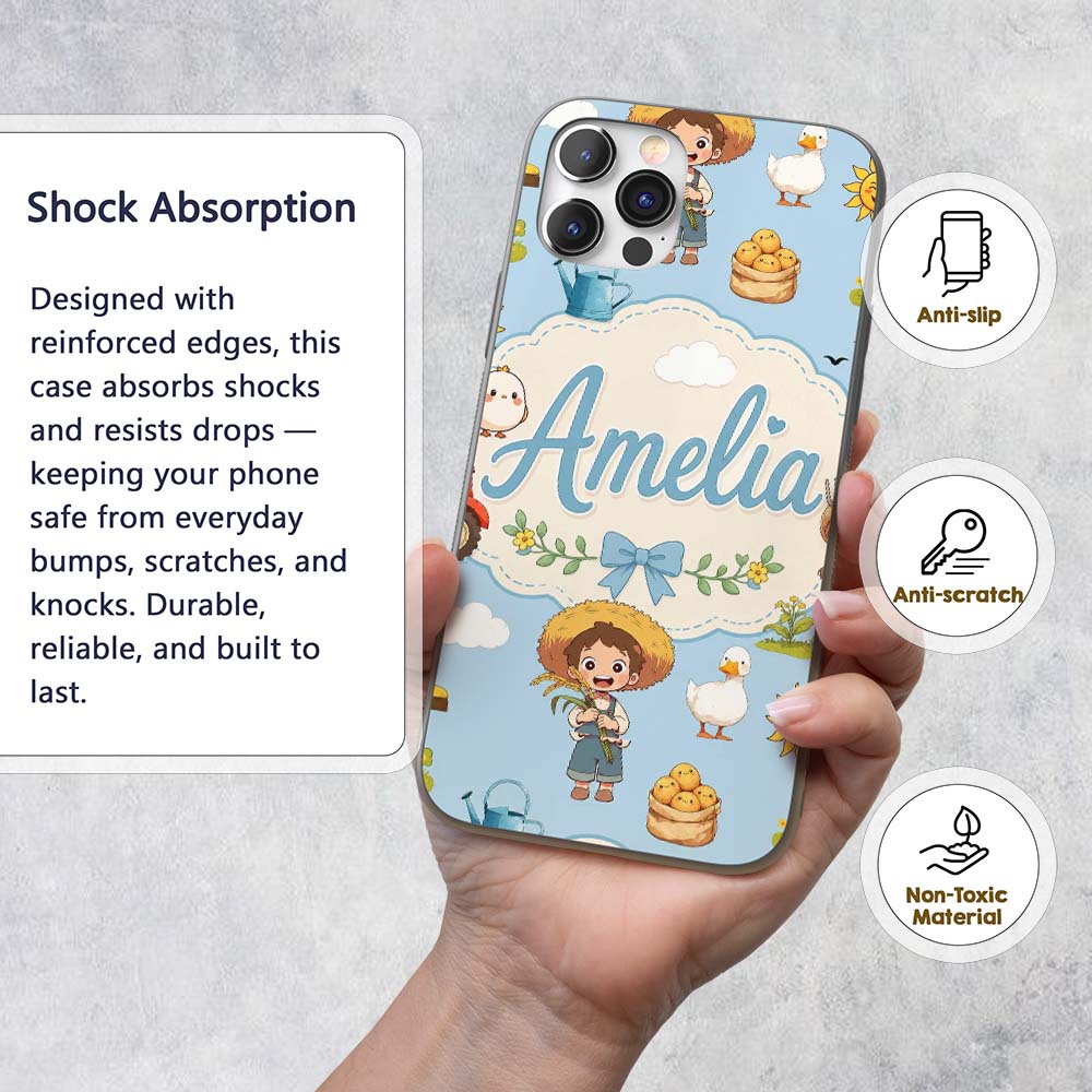 Cute Farm Tractor Farmer Duck Sun Cloud Seamless Custom Name Protective Phone Case Mobile Cover Durable Everyday Smartphone Shock Resistant