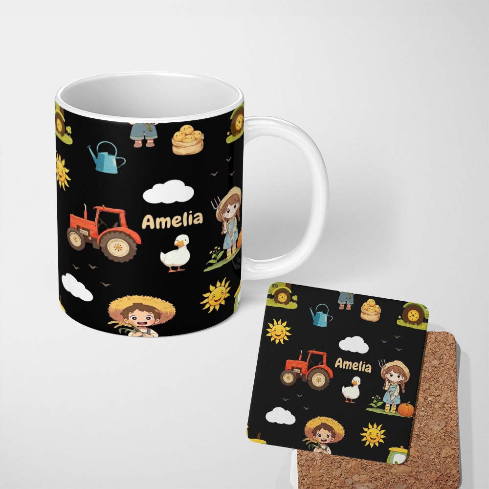 Personalized Custom Name Cute Farm Tractor Farmer Duck Night Seamless Pattern Name Unique 11oz Ceramic Coffee Tea Mug White Large Handle