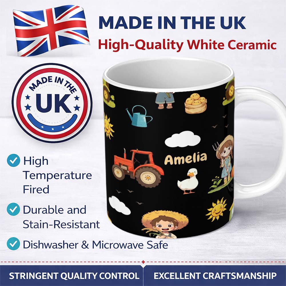 Personalized Custom Name Cute Farm Tractor Farmer Duck Night Seamless Pattern Name Unique 11oz Ceramic Coffee Tea Mug White Large Handle