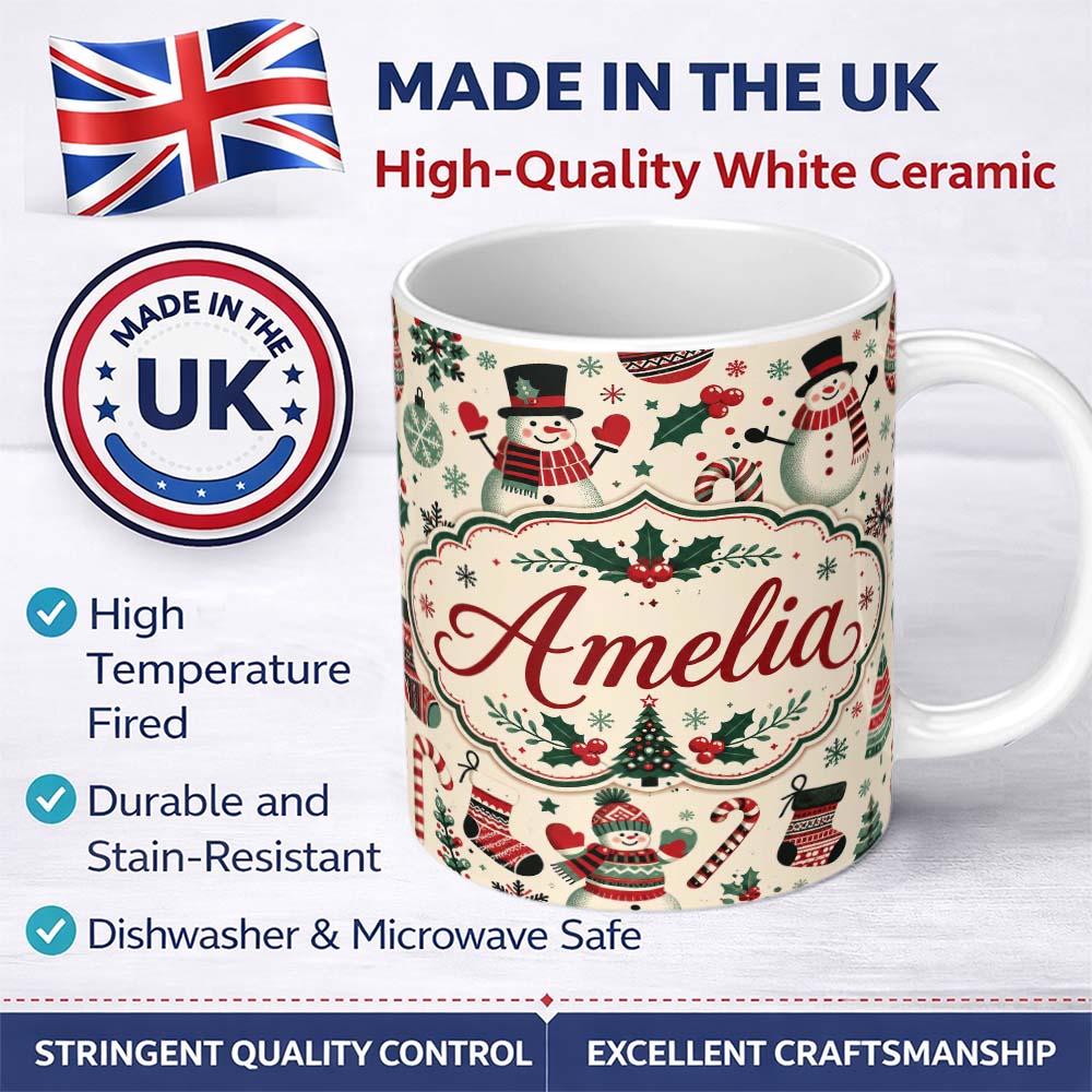 Personalized Custom Name Cute Snowman Candy Cane Trees Seamless Pattern Festive Holiday 11oz Ceramic Coffee Tea Mug White Large Handle