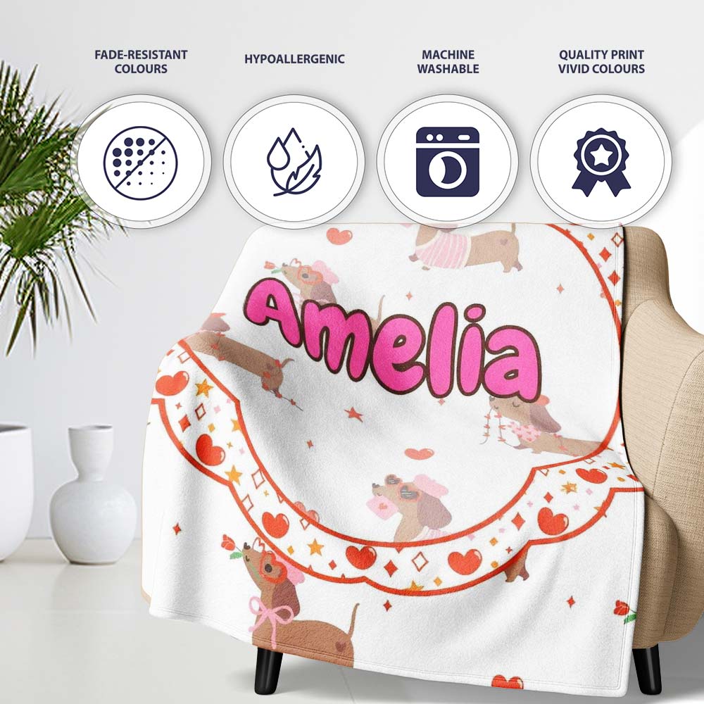 Cute Dachshund Valentine Hearts Love Seamless Pattern Lovely Personalised Custom Name Super Soft Fleece Blanket Bed Sofa Throw