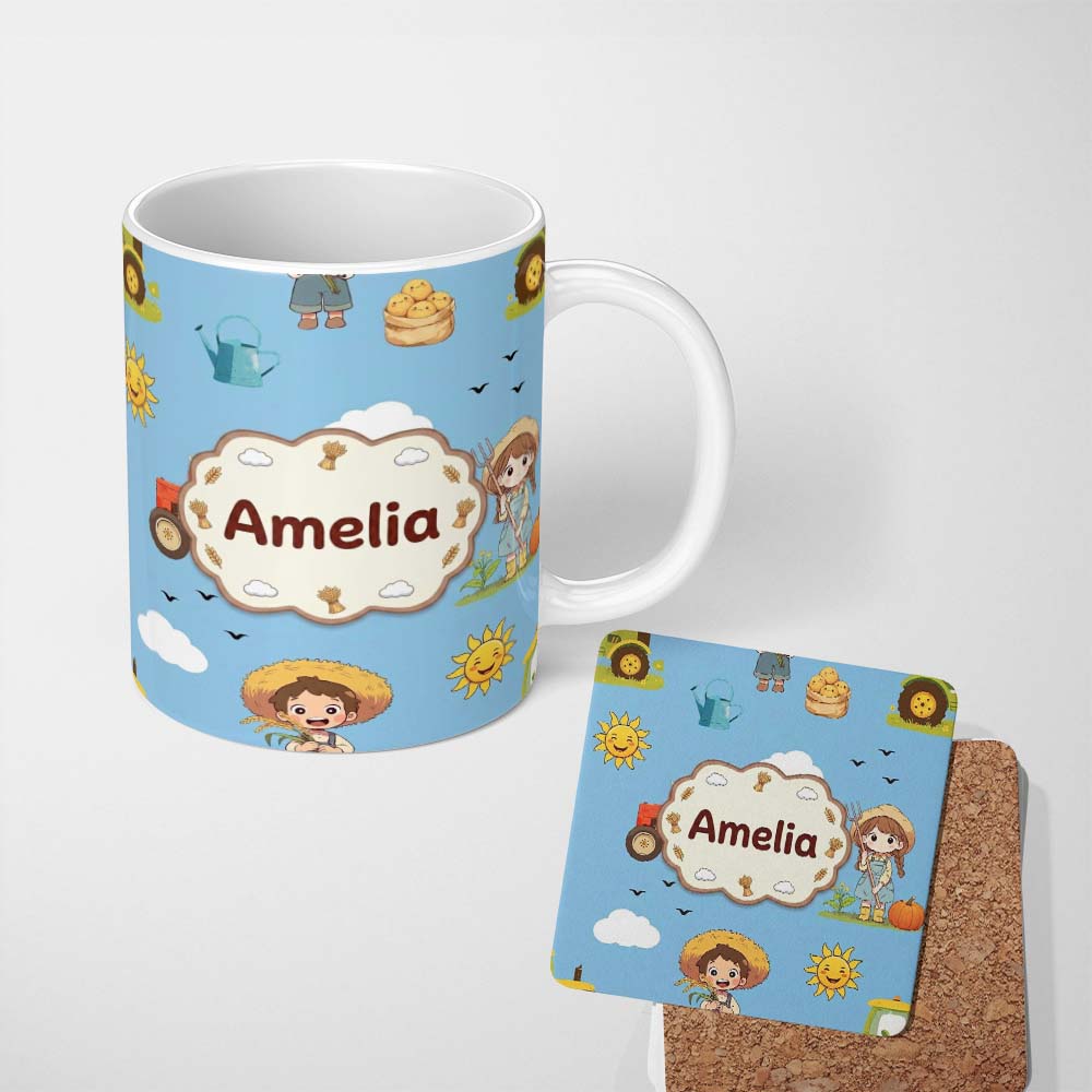 Personalized Custom Name Cute Farm Tractor Farmer Duck Blue Sky Seamless Pattern Name Unique 11oz Ceramic Coffee Tea Mug White Large Handle