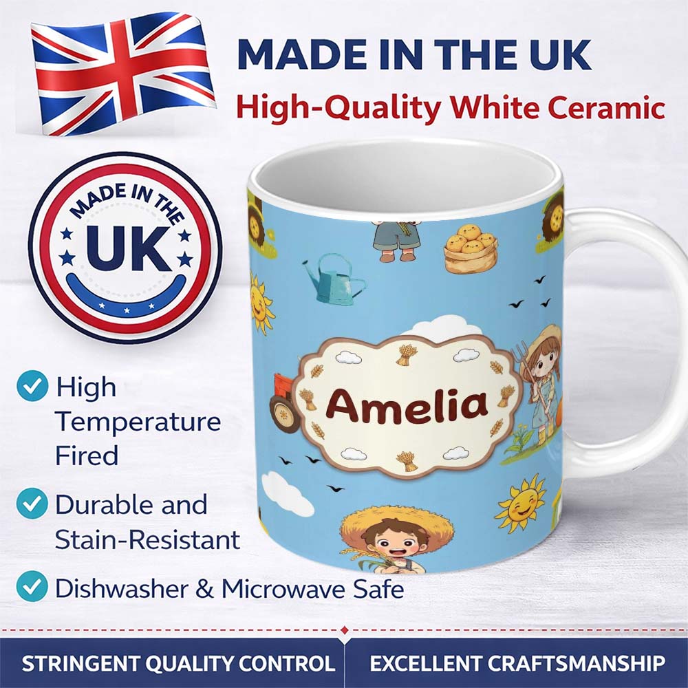 Personalized Custom Name Cute Farm Tractor Farmer Duck Blue Sky Seamless Pattern Name Unique 11oz Ceramic Coffee Tea Mug White Large Handle