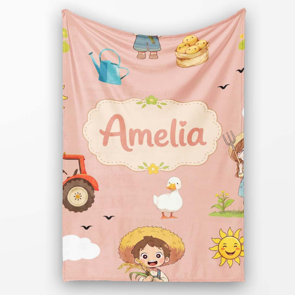 Cute Farm Tractor Farmer Duck Sun Clouds Peach Seamless Pattern Name Personalised Custom Name Super Soft Fleece Blanket Bed Sofa Throw