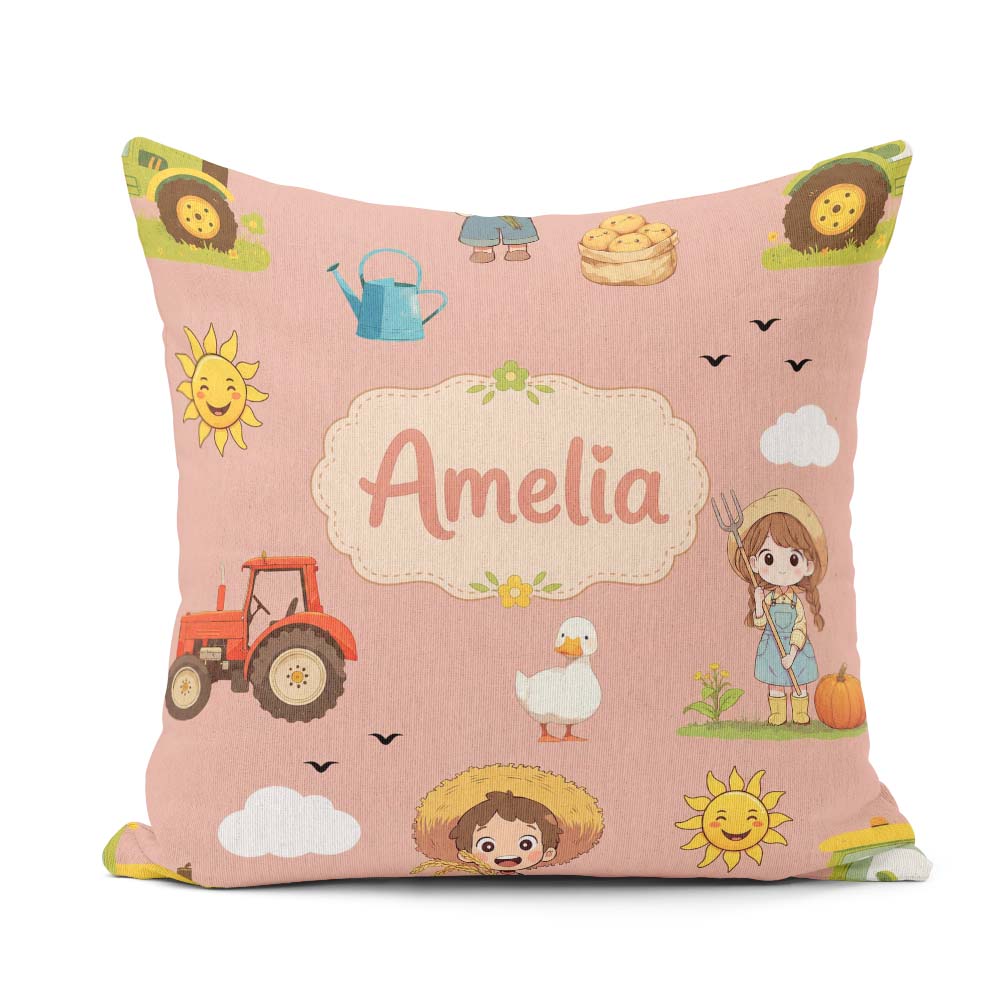 Custom Name Cute Farm Farmer Duck Sun Clouds Peach Seamless Name Square Filled Cushion Throw Pillow Sofa Bed Home Decor Zip Washable UK Made