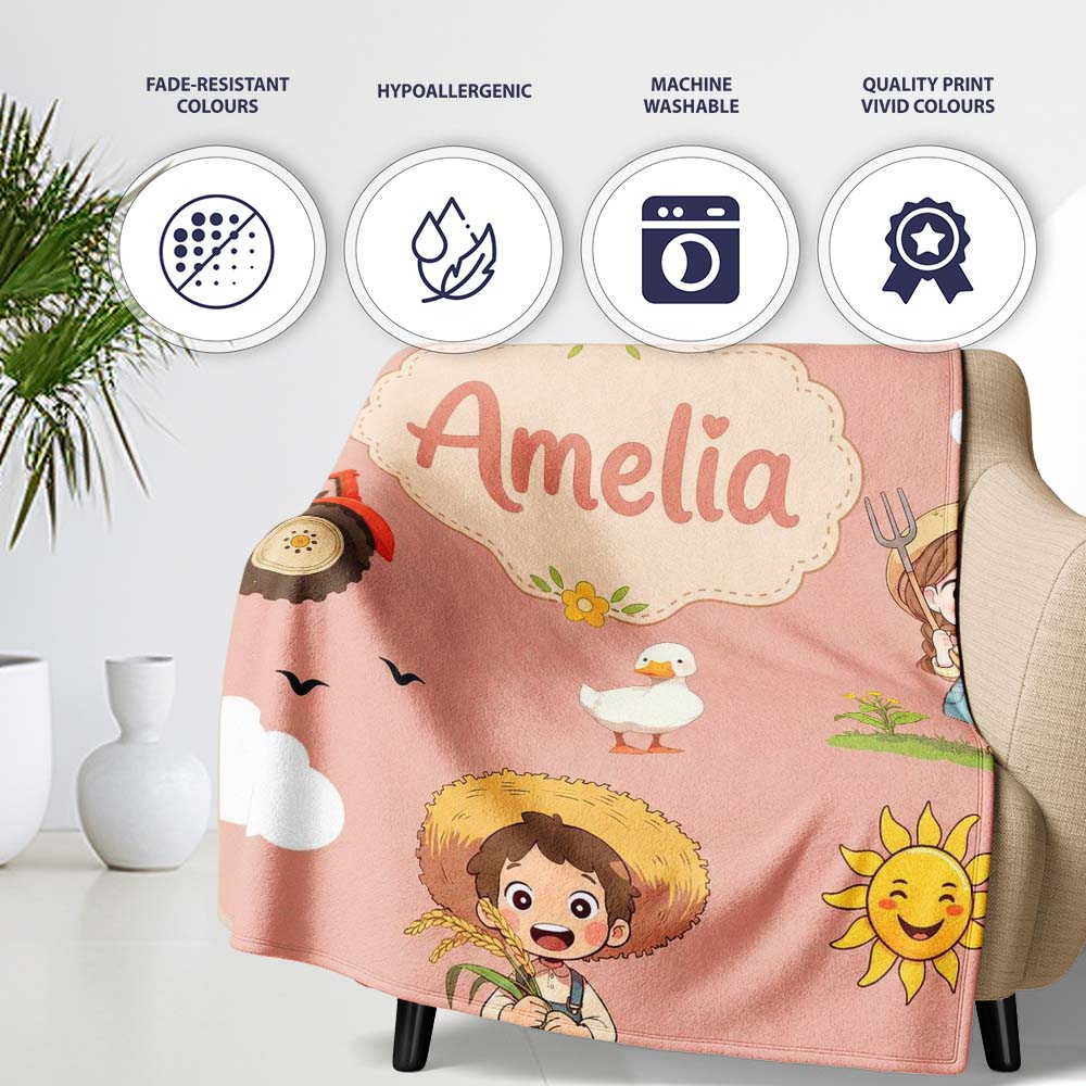 Cute Farm Tractor Farmer Duck Sun Clouds Peach Seamless Pattern Name Personalised Custom Name Super Soft Fleece Blanket Bed Sofa Throw