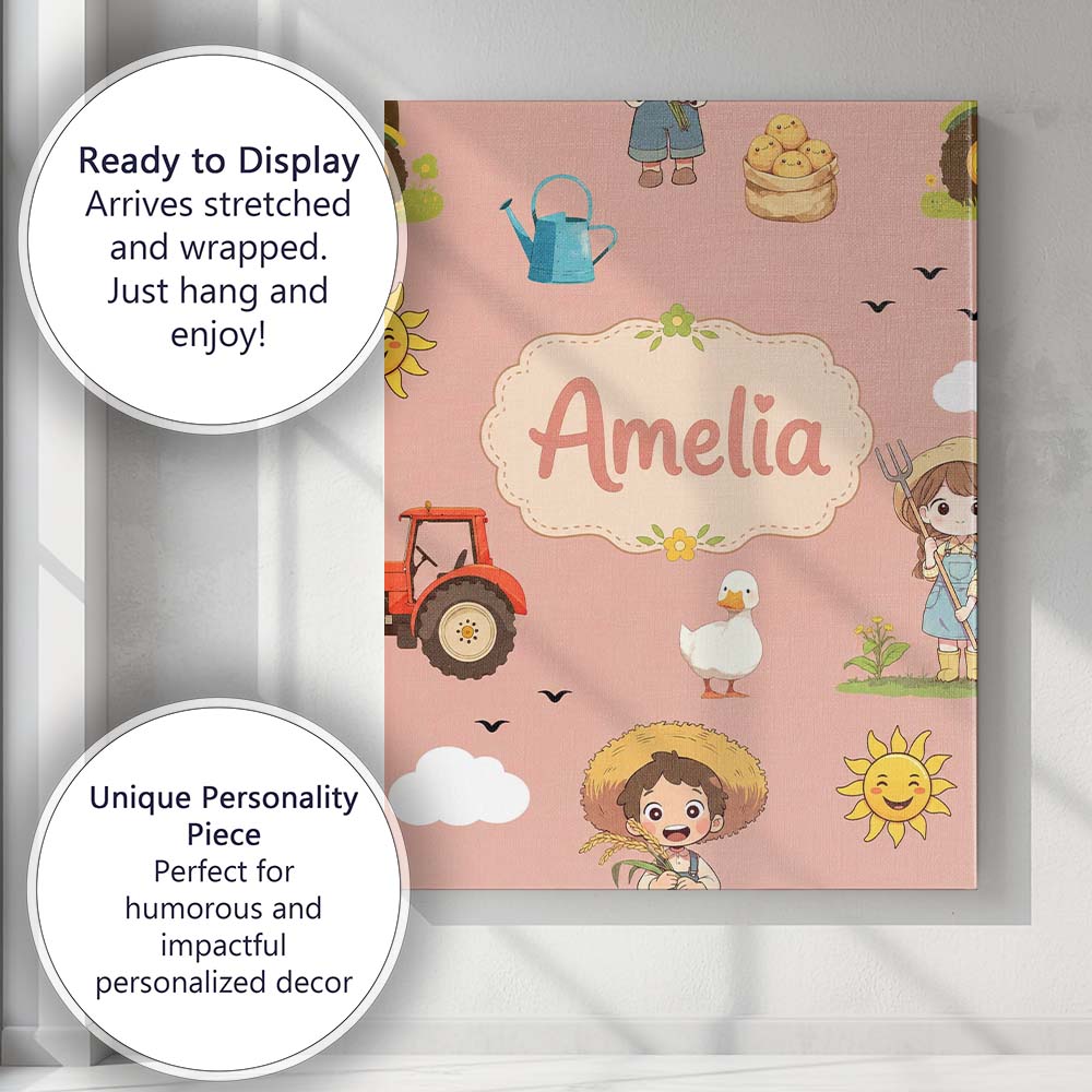 Personalised Name Cute Farm Tractor Farmer Custom Unique Gift Idea Elegant Feature Canvas Wall Art Print Decor Picture Ready to Hang