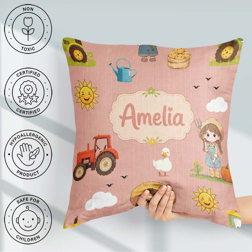 Custom Name Cute Farm Farmer Duck Sun Clouds Peach Seamless Name Square Filled Cushion Throw Pillow Sofa Bed Home Decor Zip Washable UK Made