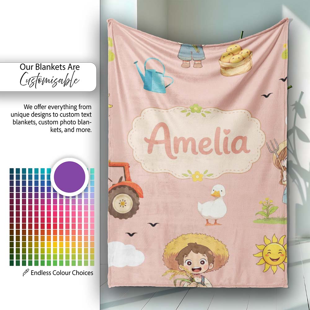 Cute Farm Tractor Farmer Duck Sun Clouds Peach Seamless Pattern Name Personalised Custom Name Super Soft Fleece Blanket Bed Sofa Throw