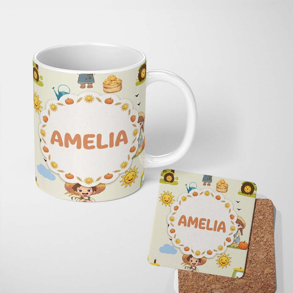 Personalized Custom Name Cute Farm Tractor Farmer Duck Clouds Cream Seamless Pattern Name 11oz Ceramic Coffee Tea Mug White Large Handle
