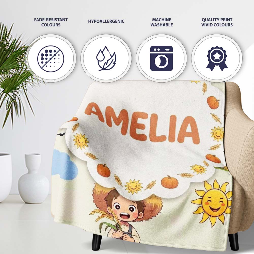 Cute Farm Tractor Farmer Duck Clouds Cream Seamless Pattern Name Personalised Custom Name Super Soft Fleece Blanket Bed Sofa Throw