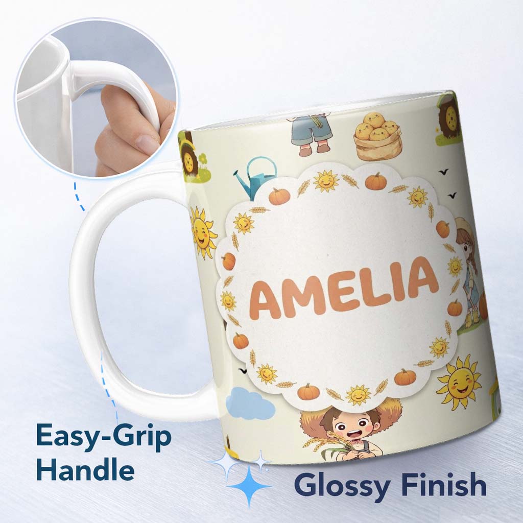 Personalized Custom Name Cute Farm Tractor Farmer Duck Clouds Cream Seamless Pattern Name 11oz Ceramic Coffee Tea Mug White Large Handle