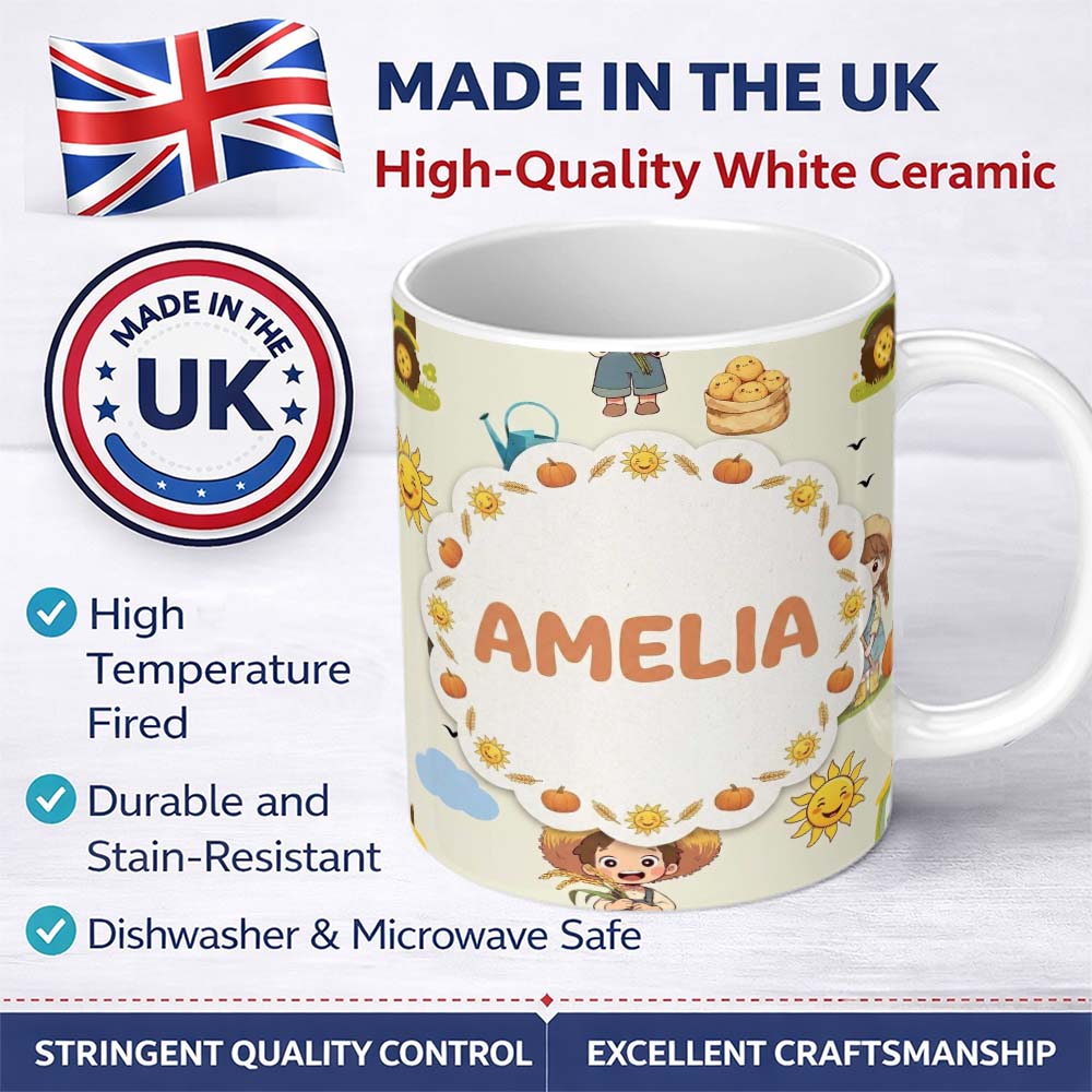 Personalized Custom Name Cute Farm Tractor Farmer Duck Clouds Cream Seamless Pattern Name 11oz Ceramic Coffee Tea Mug White Large Handle