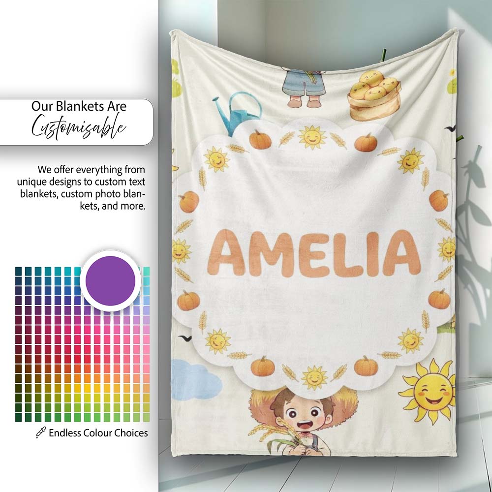 Cute Farm Tractor Farmer Duck Clouds Cream Seamless Pattern Name Personalised Custom Name Super Soft Fleece Blanket Bed Sofa Throw
