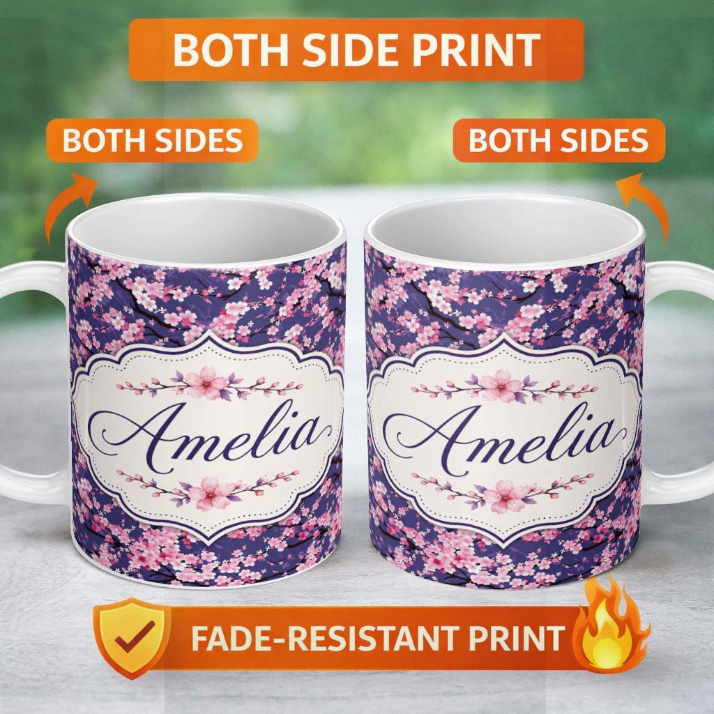 Personalized Custom Name Pink Cherry Blossom Branches Purple Background Seamless Pattern 11oz Ceramic Coffee Tea Mug White Large Handle