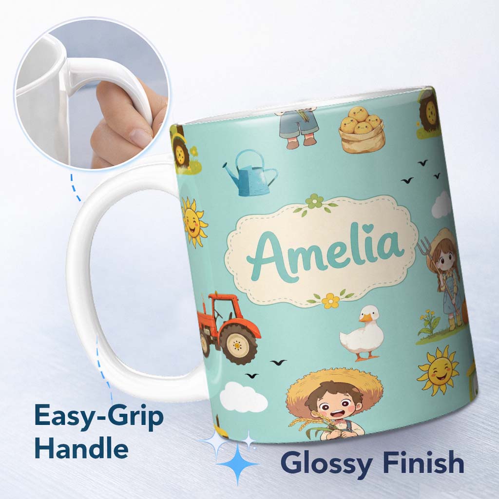Personalized Custom Name Cute Farm Tractor Farmer Duck Sun Clouds Mint Seamless Pattern 11oz Ceramic Coffee Tea Mug White Large Handle