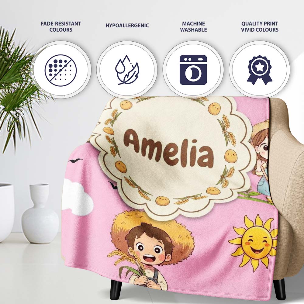 Cute Farm Tractor Farmer Duck Sun Clouds Rose Seamless Pattern Personalised Custom Name Super Soft Fleece Blanket Bed Sofa Throw