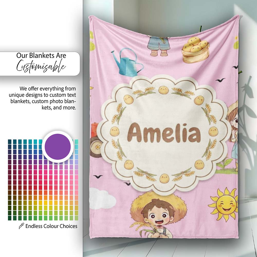 Cute Farm Tractor Farmer Duck Sun Clouds Rose Seamless Pattern Personalised Custom Name Super Soft Fleece Blanket Bed Sofa Throw