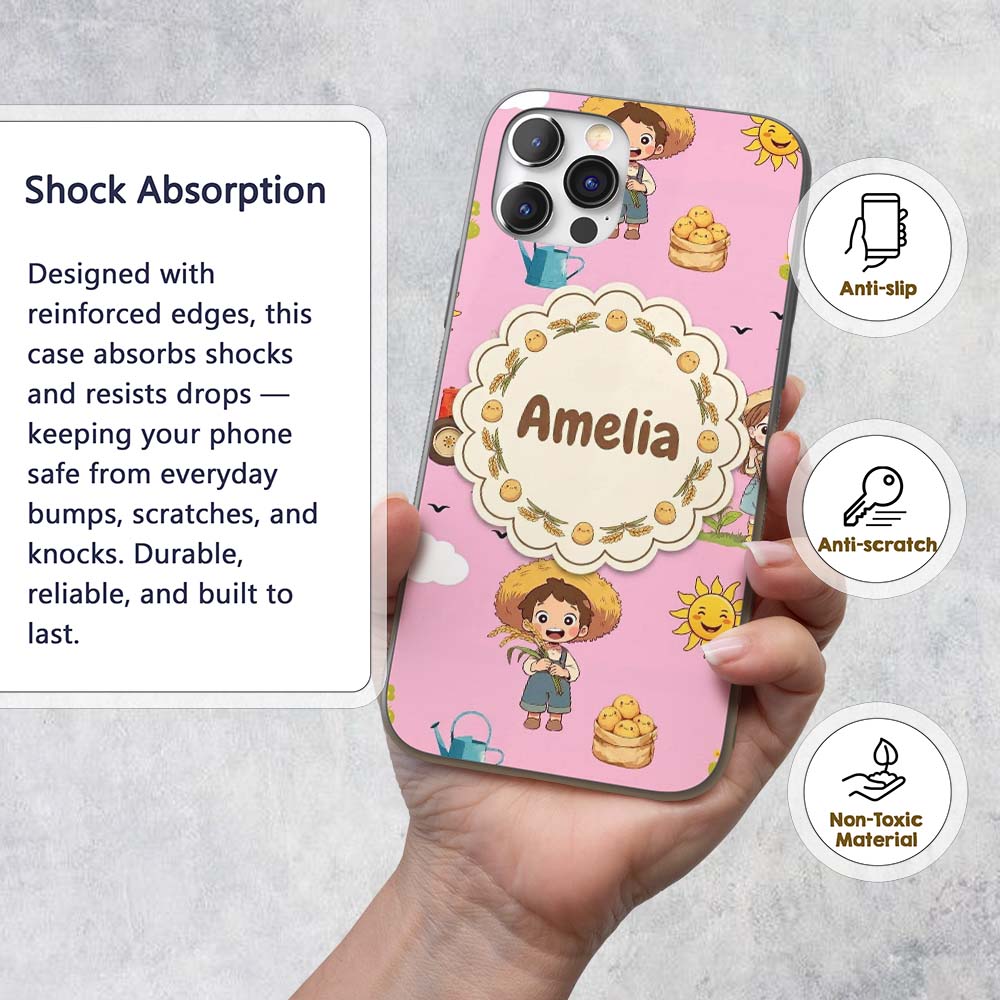 Cute Farm Tractor Farmer Duck Sun Clouds Rose Custom Name Protective Phone Case Mobile Cover Durable Everyday Smartphone Shock Resistant